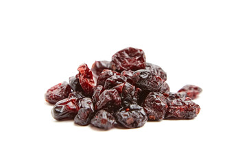 A small pile of dried cranberries featuring glossy, wrinkled textures and deep red tones, isolated on a white background.