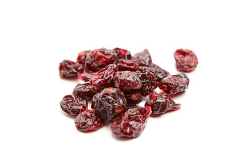 Close-up of dried cranberries with a wrinkled texture, rich red color, and glossy finish, arranged on a white background