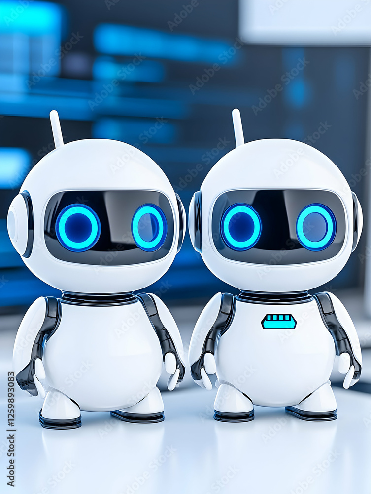 Poster two cute robots standing with a blue technology code background for presentation