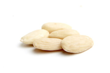 A small pile of raw blanched almonds with smooth, pale skin and natural texture, isolated on a clean white background. Perfect for health and nutrition concepts