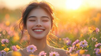 Fototapeta premium Happy asian lady smiling amidst colorful flowers in nature joyful outdoor scene bright and cheerful atmosphere