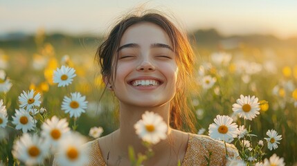 Joyful asian woman smiling amidst wildflowers nature setting outdoor portrait vibrant environment close-up concept