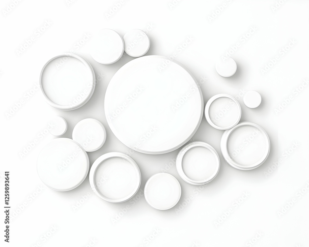 Poster white circles form dynamic layout, blank canvas for design presentation, showcase