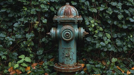 Rusty vintage fire hydrant surrounded by lush green ivy in a tranquil outdoor setting