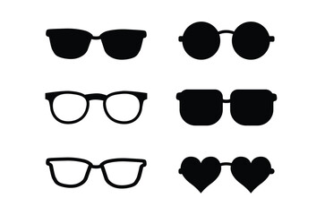 Set of silhouette glasses of various shapes and sizes. The glasses are all black and arranged in a row isolated on a white background