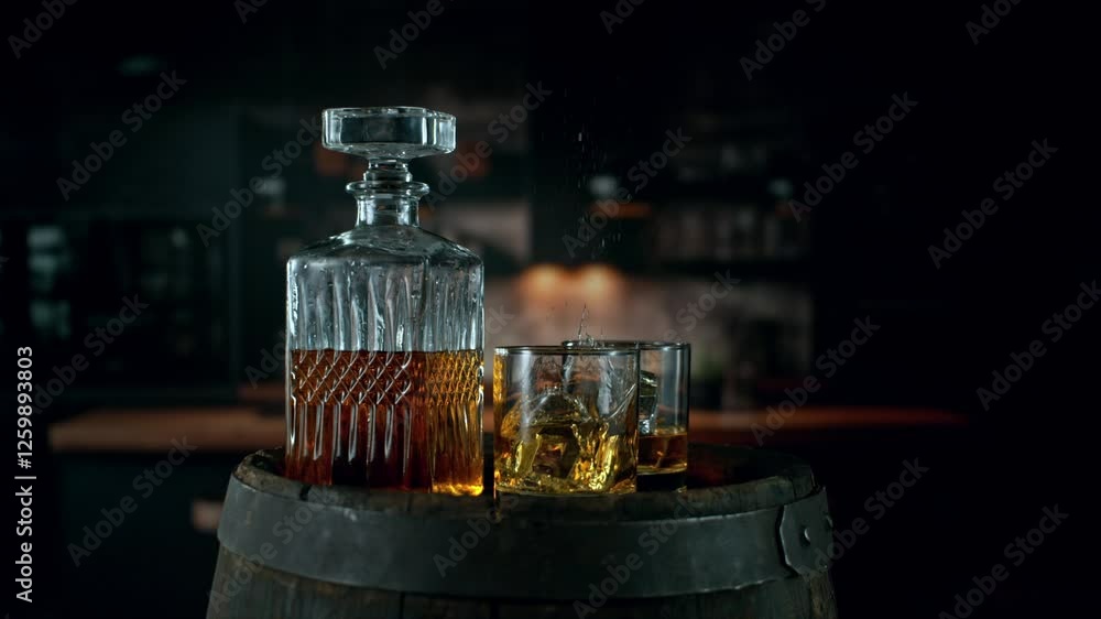 Poster super slow motion of ice cube falling into glass of whiskey with camera motion. filmed on high speed