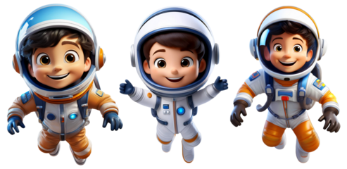Close-up of a cartoon character of a cute smiling kid in astronaut suit or space suit and space helmet. Isolated on transparent or white background, Png. Collection and variation. Generative Ai.