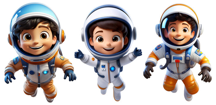 Close-up of a cartoon character of a cute smiling kid in astronaut suit or space suit and space helmet. Isolated on transparent or white background, Png. Collection and variation. Generative Ai.