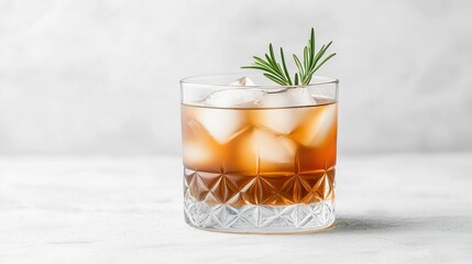 Classic cocktail in a crystal glass with ice cubes and rosemary garnish, white textured background. Elegant beverage for fine dining