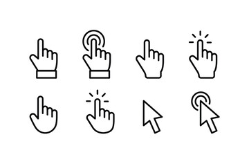 Cursor icons set. Cursor set in hand, arrow and mouse forms, mouse click cursor set, arrow and hand pointer. Vector illustration.