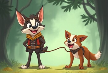 Two cheerful cartoon dogs on an adventure in a lush forest. A vibrant illustration of two cartoon dogs one dark-colored and wearing adventurer-style clothing and the other a reddish-brown