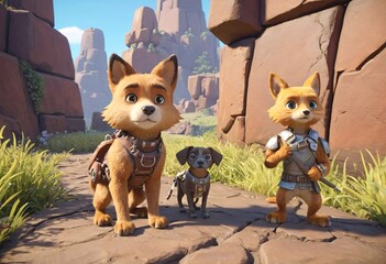  Cartoon Animal Characters Posing on a Rocky Path. Three adorable cartoon animals a fox and two dogs in a fantasy setting