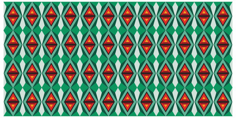 Geometric pattern with red diamonds inside green diamonds on a blue tiled background.

