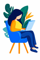 Woman working on laptop in chair. Tropical leaves. Remote job concept