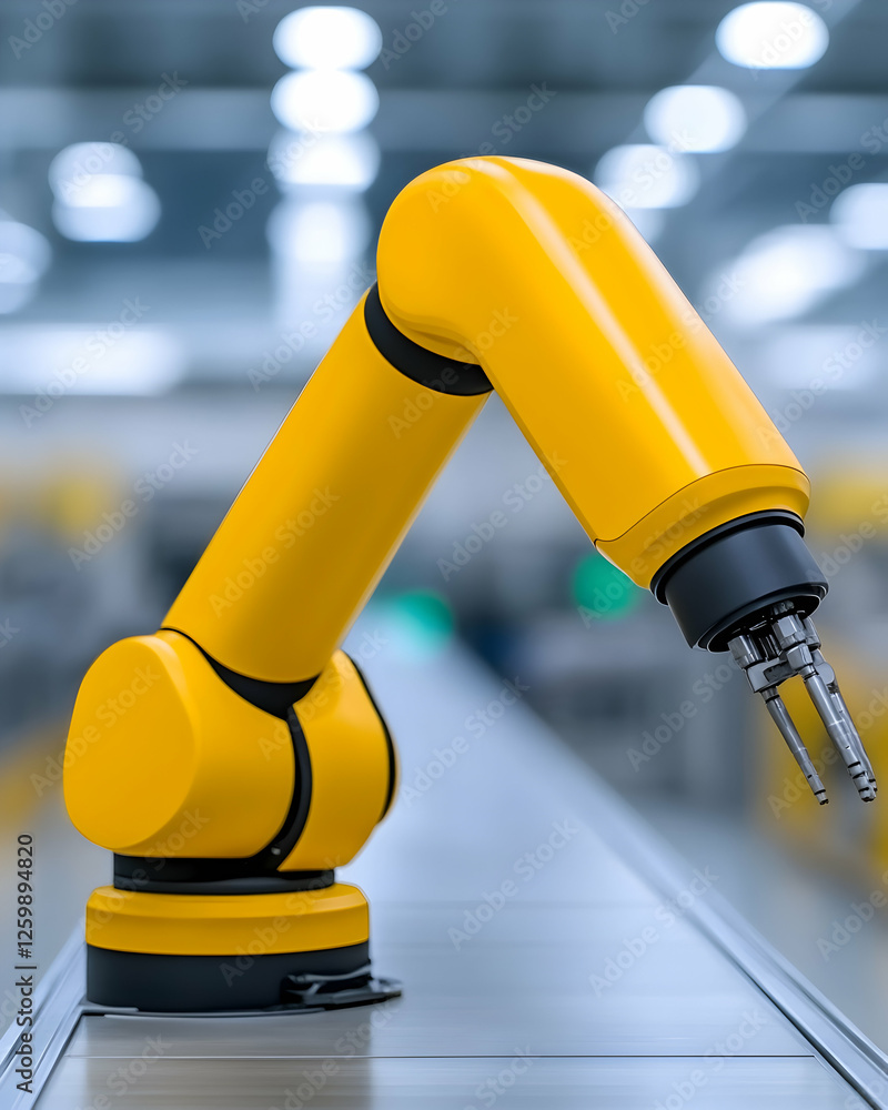 Poster yellow robotic arm works in a factory environment for production automation uses