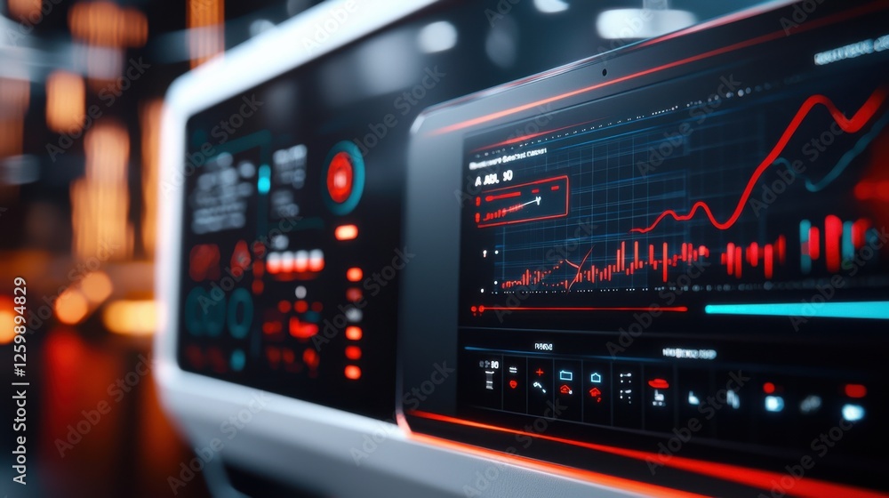 Poster digital market dashboard with detailed financial analysis visualized on computer screen