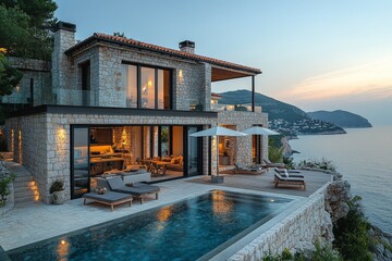 Fototapeta premium Luxurious Stone Villa with Pool and Outdoor Kitchen Overlooking Dubrovnik at Sunset. Terrace with Loungers and Bar, Surrounded by Sea and City Panorama.