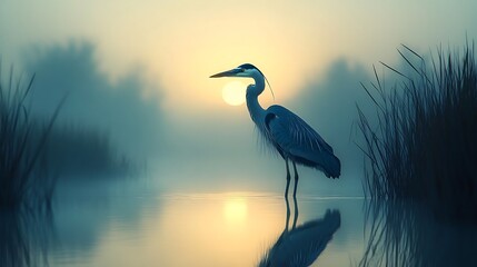 A great blue heron standing elegantly in the Gulf of America wetlands 