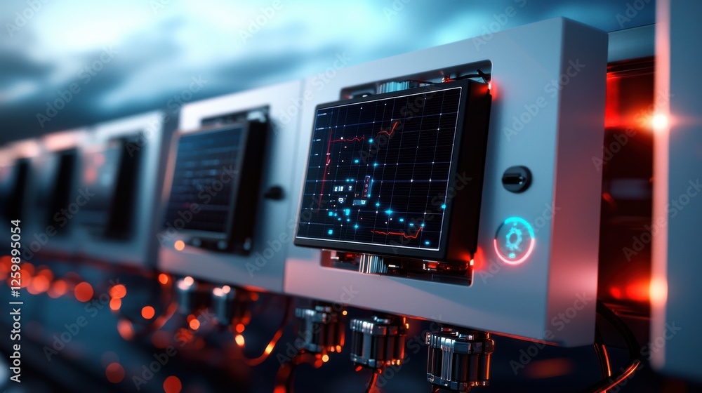 Poster futuristic data servers and digital interface monitoring system in dark abstract setting