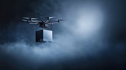 Delivery drone flying through foggy night sky carrying a package. Futuristic autonomous logistics and transportation.