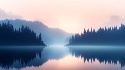 Serene sunrise over a misty lake surrounded by evergreen forests, reflecting tranquil color