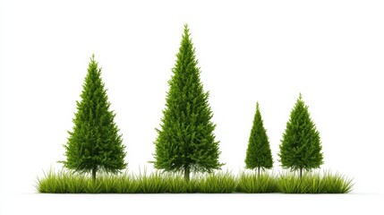 Fototapeta premium Three trees in green grass against a pristine white backdrop three