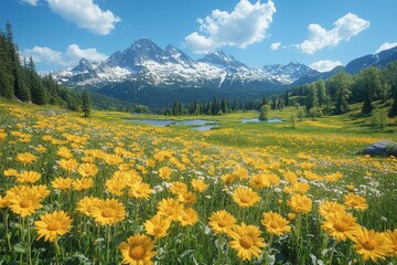 Fototapeta premium Panoramic British Columbia Mountains with Wildflowers Bloom and Snowy Peaks Under Blue Skies. Lush Meadows with Yellow Flowers Create Picturesque Scene.