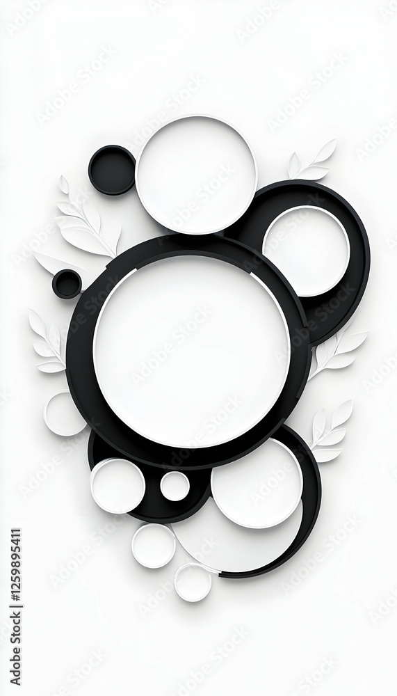 Poster abstract monochrome circles with leaves; use for background, design element