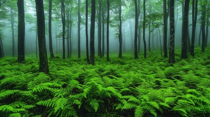 Obraz premium Lush green ferns blanket the forest floor in a misty woodland, creating a serene atmosphere