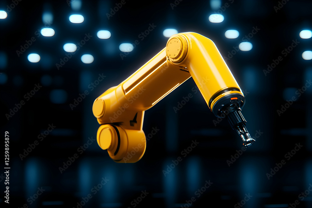 Poster automated robotic arm assembly line industrial process, production in the background