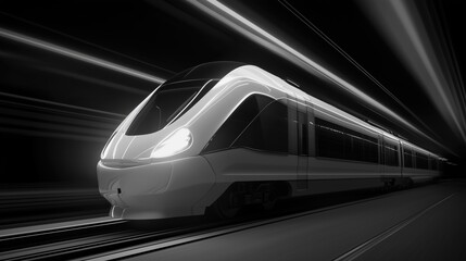 Naklejka premium Black and white futuristic high-speed train in motion at night with blurred light trails. Modern transportation and urban mobility