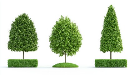 Three green trees isolated on white, a serene natural element for design three