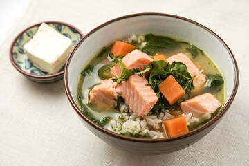 a bowl of salmon soup with chunks of salmon, diced carrots, and greens