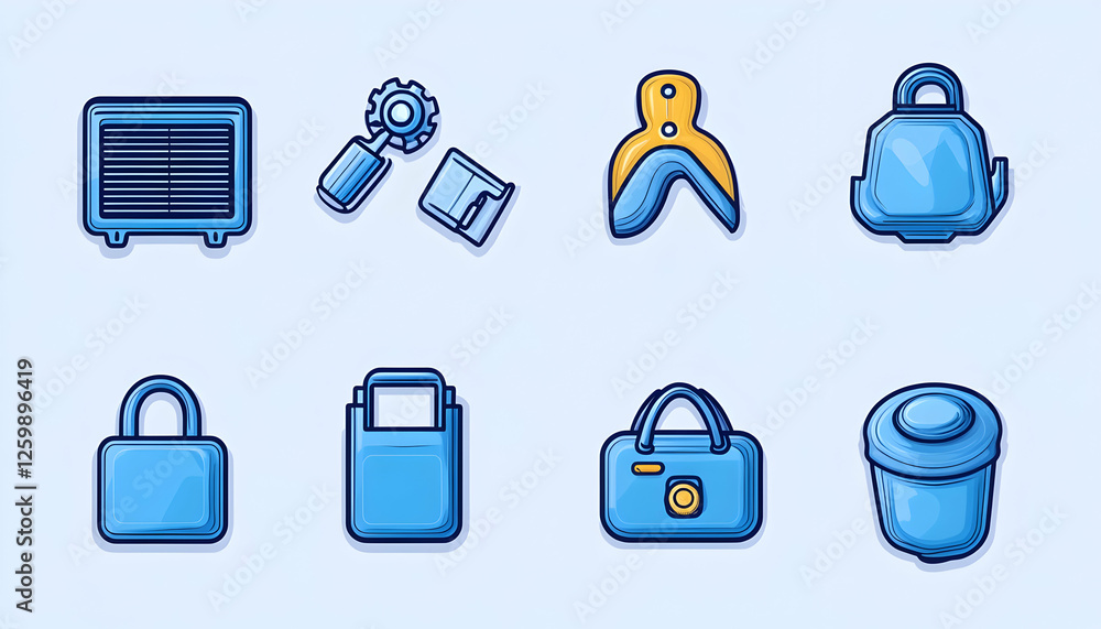 Poster blue icons of appliances, tools and objects on a light background, for interface design