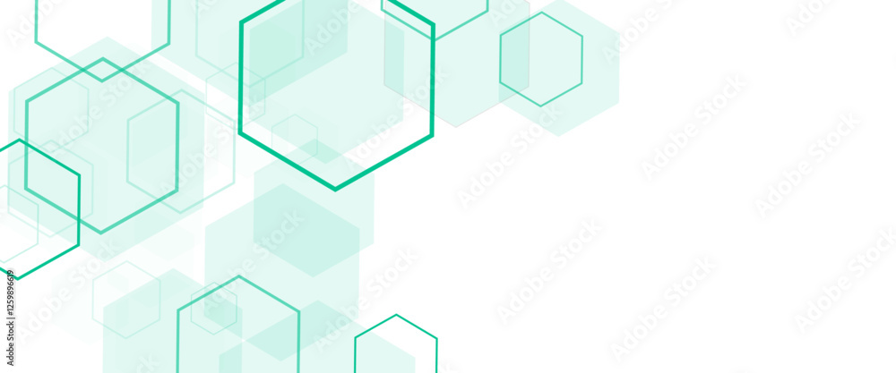 Poster Vector Geometric abstract background with soft green hexagons. Medical, technology or science design