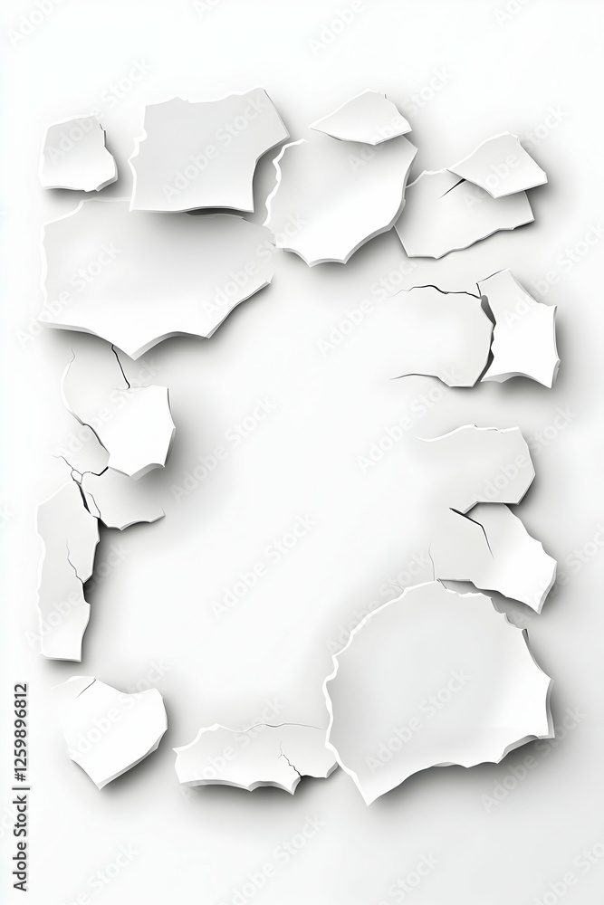 Aufkleber broken white ceramic pieces creating a border on plain background for text layout