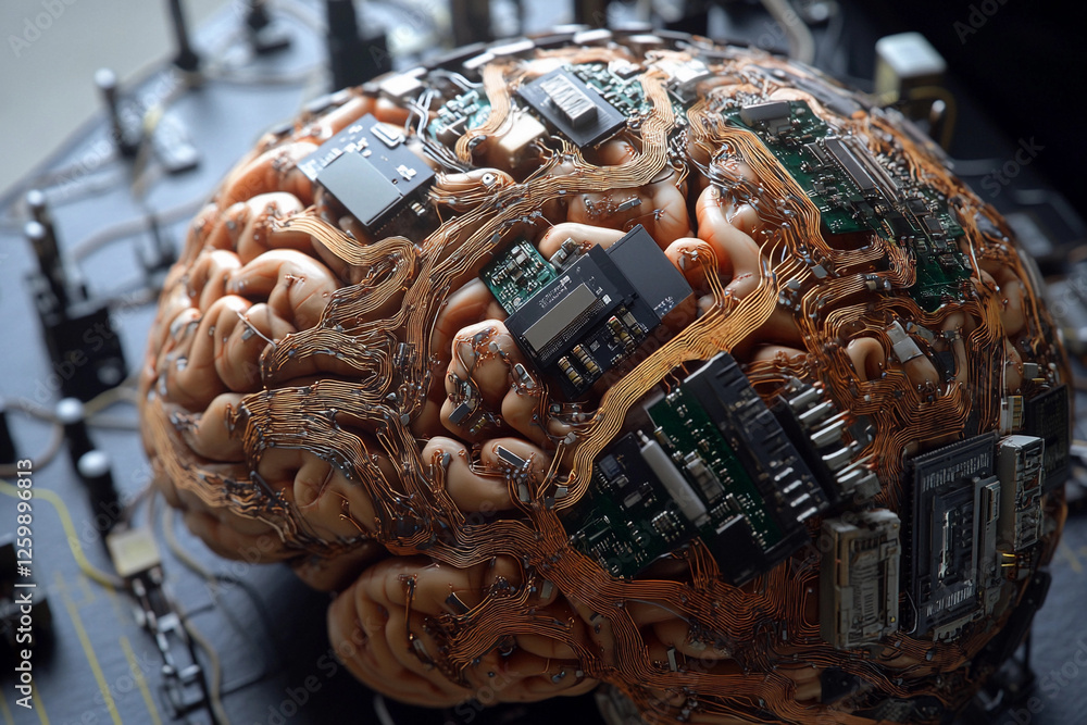 Fototapete futuristic brain design featuring circuit board elements merging technology with organic structure