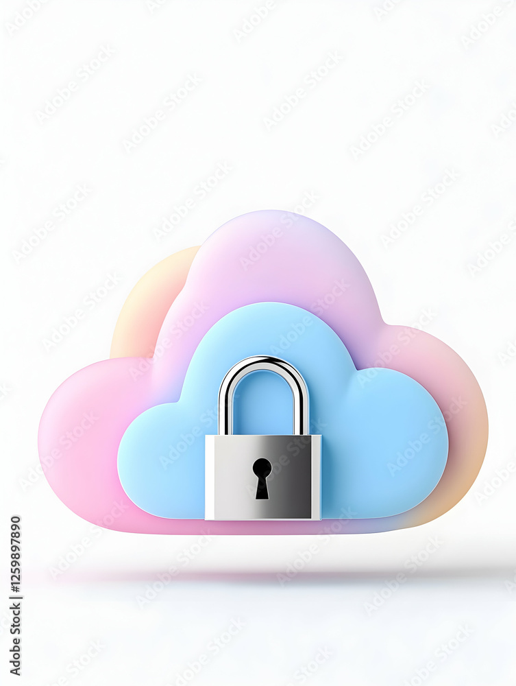 Poster cloud computing security. lock on a pastel colored cloud for data protection.
