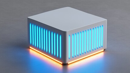 Futuristic glowing server unit with blue and orange neon lights on a reflective surface. High-tech data storage and processing. Advanced computing
