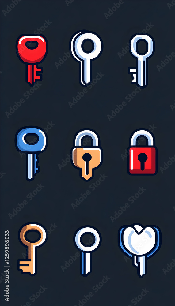 Poster collection of varied stylized keys and locks. security concept for website