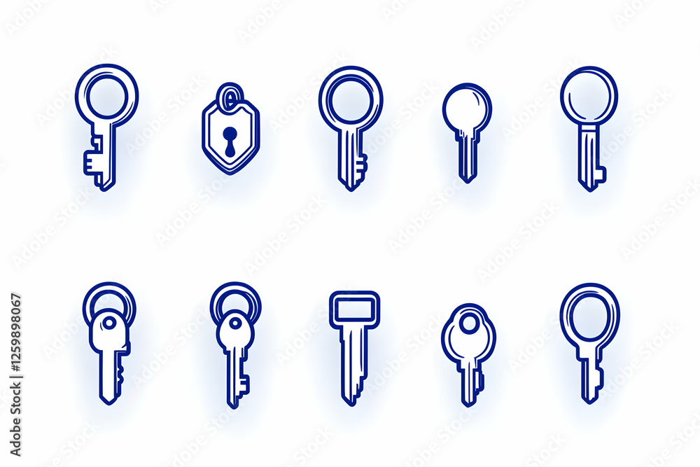 Aufkleber collection of stylized key icons of various shapes for security application