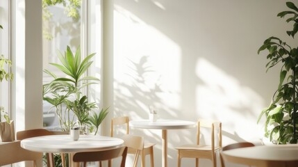 Fototapeta premium A cozy café with wooden tables, warm lighting, and a barista preparing coffee behind the counter.