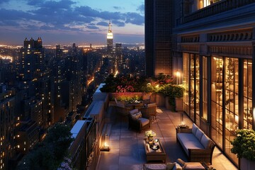 Obraz premium Luxurious Rooftop Terrace Night View Cityscape