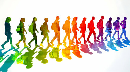 Rainbow Walkers: A vibrant illustration of a diverse group of people walking in a colorful procession, casting rainbow-hued shadows.