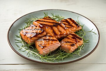 An image of a plate with grilled chunks of salmon meat glazed in teriyaki sauce