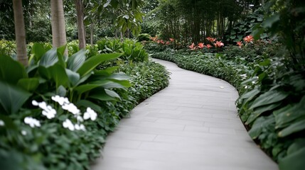 Obraz premium Curved Garden Path with Tropical Plants White Orchids and Red Lily Flowers Along Walkway in Luxuriant Asian Style Botanical Garden
