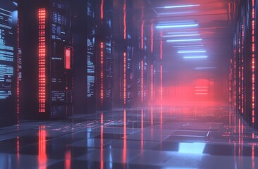Neon server room corridor with code