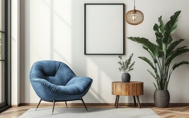 Minimalist Interior Design Mockup with Purple Armchair and Blue Lamp Over Wooden Nightstand on White Background
