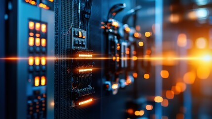Obraz premium Vibrant Glow of Futuristic Data Center Servers in Illuminated Office Space