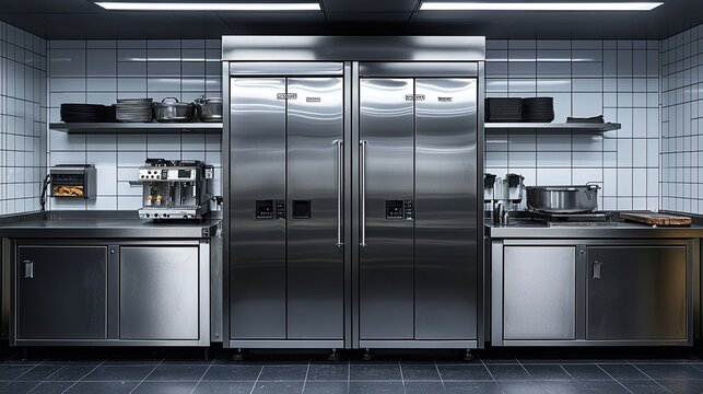 Modern kitchen interior featuring stainless steel appliances and organized workspace